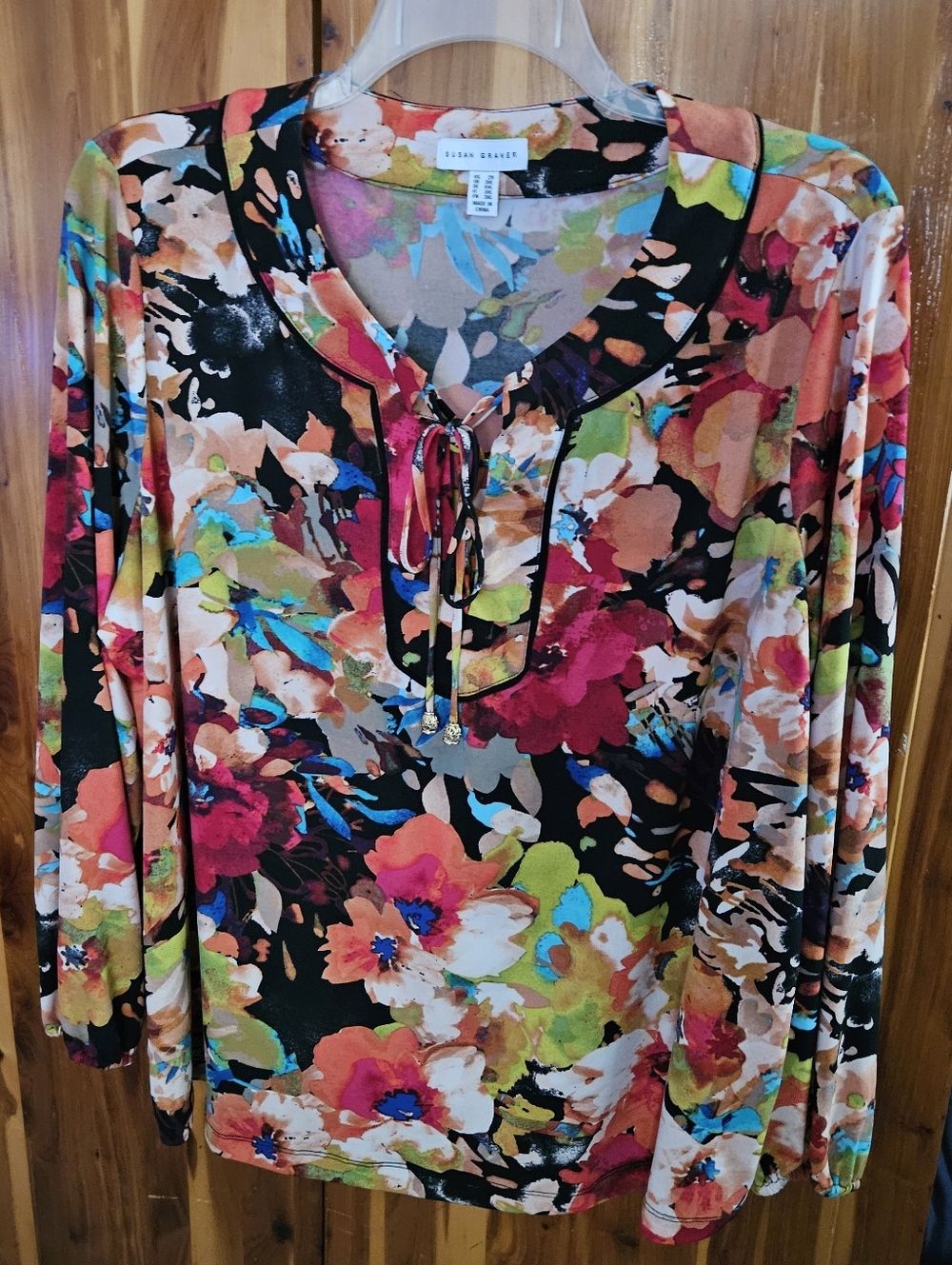 Susan Graver Black Multicolor Floral Tie-Neck Long Sleeve Top 2X - Picture 6 of 14